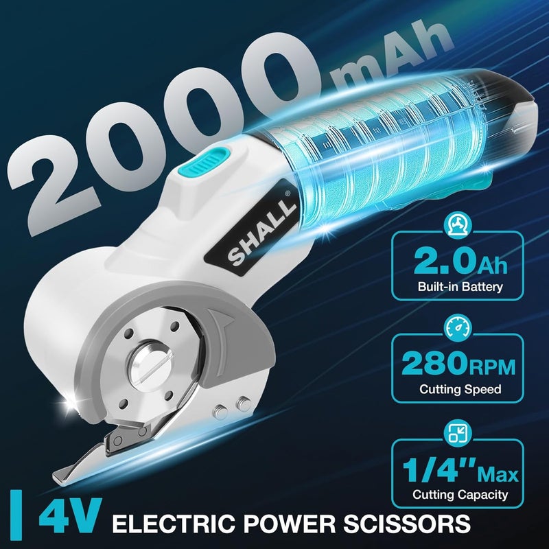 SHALL 4V Cordless Electric Scissors, Rechargeable Cardboard Cutter Rotary Electric Box Cutter w/Safety Lock, LED Light & Replacement Blade for Fabric, Leather, Carpet, Cardboard & Plastic, White/Blue - Image 2